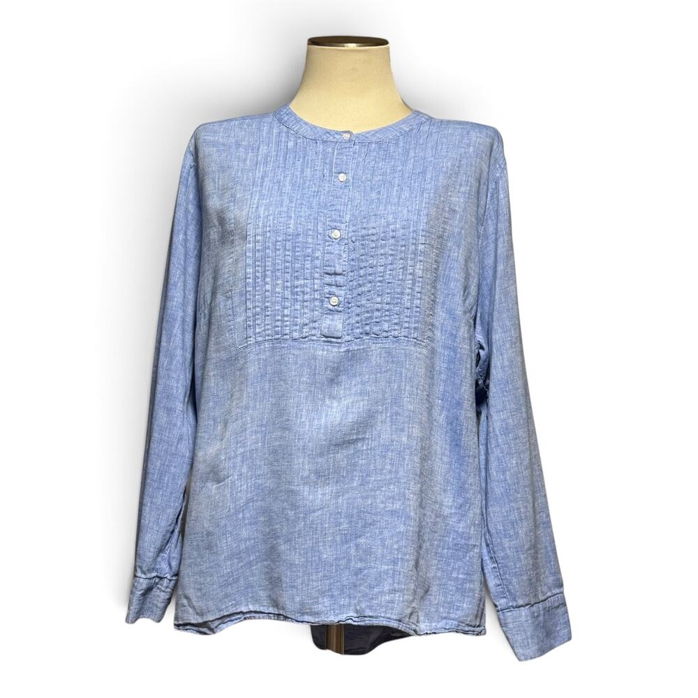 Lane Bryant Linen‎ Cotton Mandarin Collar Pintuck Tunic Blouse Top Blue 22/24